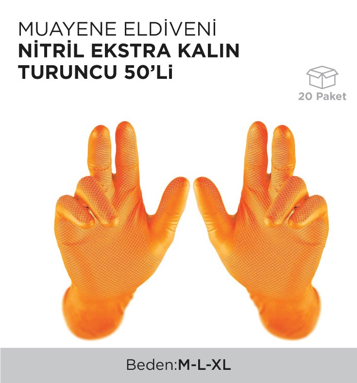 MUAYENE ELDİVENİ NİTRİL EKSTRA KALIN TURUNCU 50'Lİ