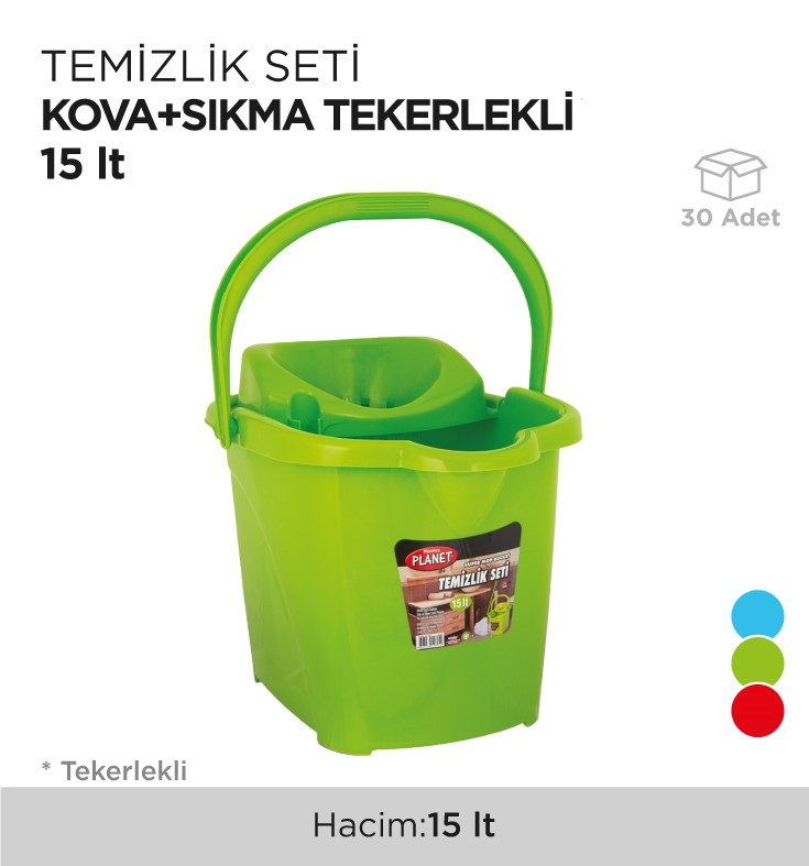 TEMİZLİK SETİ KOVA+SIKMA TEKERLEKLİ 15LT