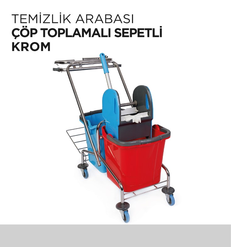 TEMİZLİK ARABASI ÇÖP TOPLAMALI SEPETLİ KROM